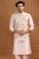 Pink Silk Printed Kurta Pajama with Jacket